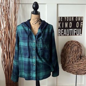 SO Blue And Green Hi Low Plaid Hooded Shirt